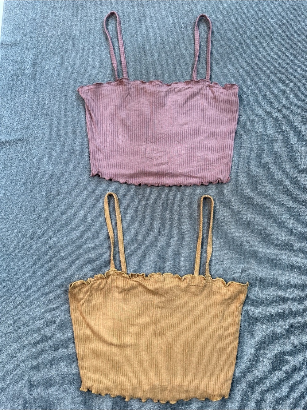 Two Ribbed Cami Crop Top - Pink and Mustard - Size Small